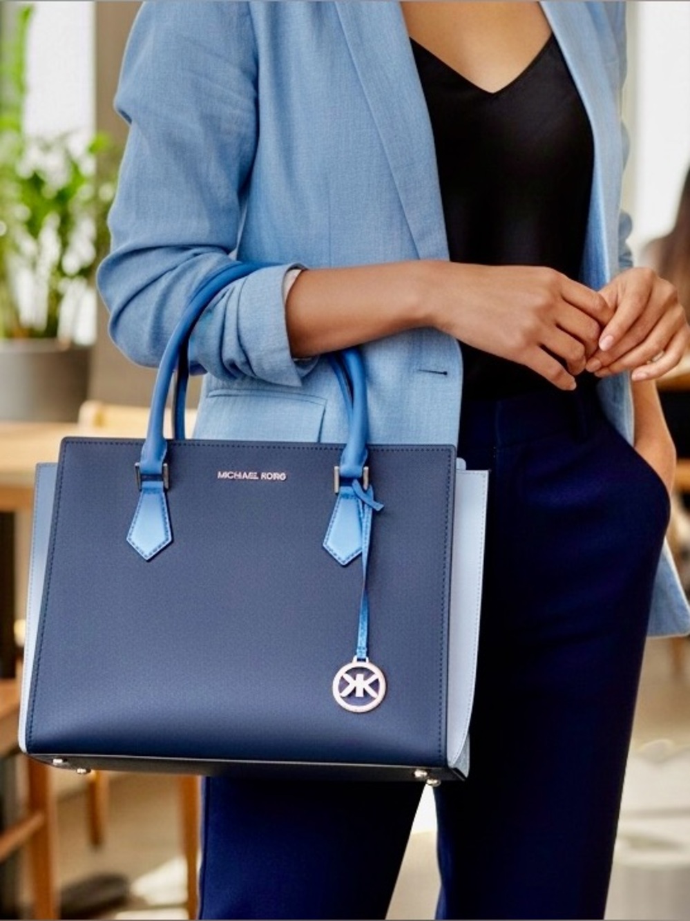 Michael Kors Saffiano Navy, Periwinkle, Light Blue Color block Satchel & wallet